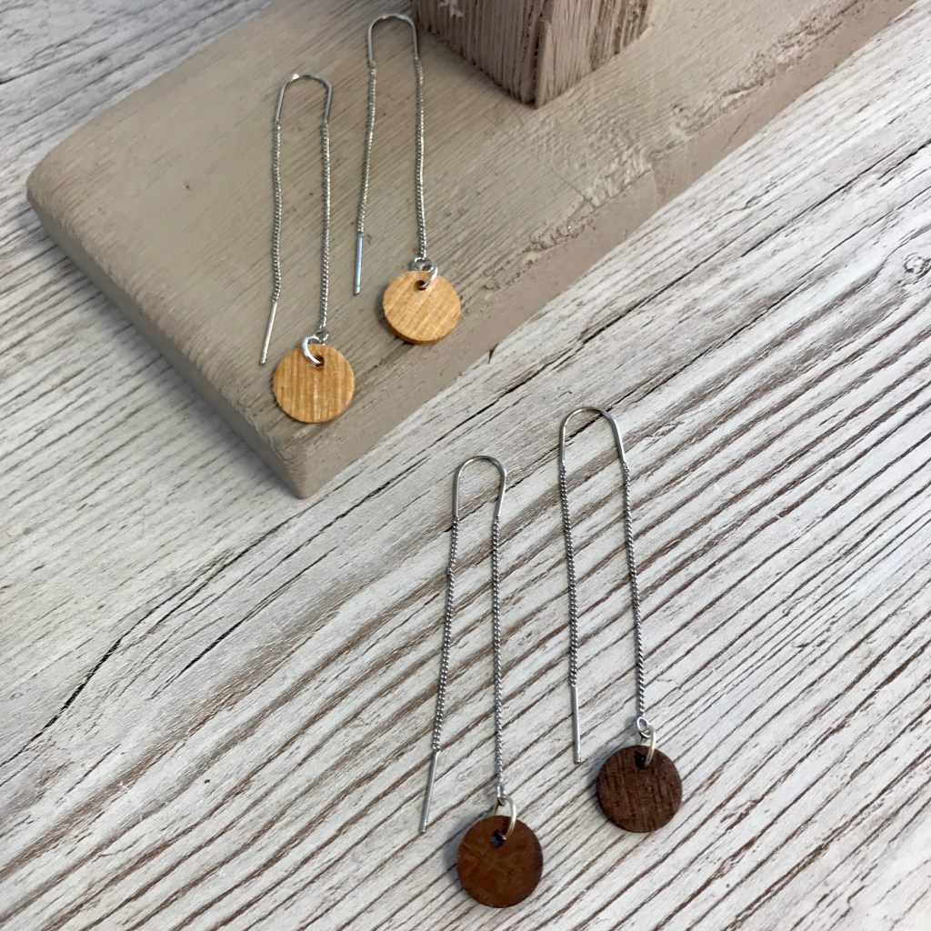 boucles d'oreilles, bijoux, bois, acier inoxydable, fait main, recyclage, créatrice, fabrication locale, idée cadeau, made in France