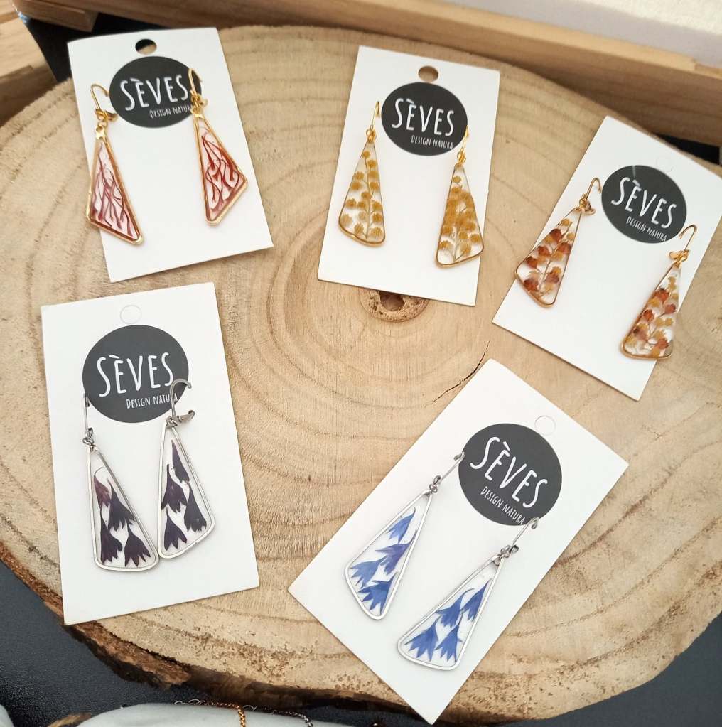 boucles d'oreilles, bijoux, acier inoxydable, argent 925, fleurs séchées, naturel, fait main, local, fabrication française, idée cadeau
